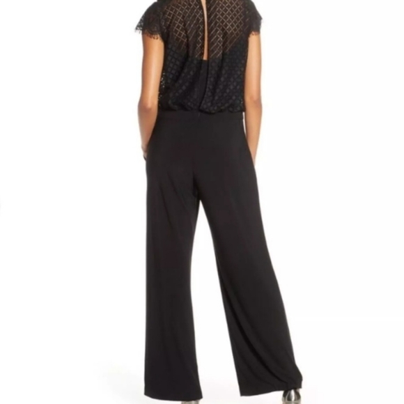 Julia Jordan Black Lace Blouson Jumpsuit Straight Wide Leg Illusion Neck - Picture 2 of 11